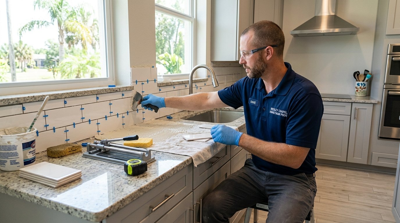 Backsplash installation work in a Wesley Chapel home